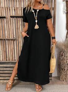SHEIN PETITE Vestido diario sólido y simple para mujeres de talla grande, atuendo de mujer maxi para el Día de Acción de Gracias, de hombros descubiertos, atuendo de mujer para el verano