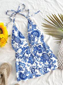 Soleia Women's Casual Halter Neck Lace-Up Backless Cami Summer Top, Blue Floral & Paisley Print, Suitable For Summer,Rave Top