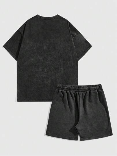 Street Life Men's Washed Lips Graphic Print Round Neck Short Sleeve Top And Shorts Casual 2 Pieces Set