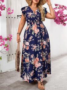 SHEIN VCAY 大码女式蓝宝石花卉印花连衣裙、收腰 A 字裙、褶皱长裙、母亲节连衣裙、女式花卉连衣裙、曲线连衣裙、女式连衣裙、夏季连衣裙、休闲夏季连衣裙