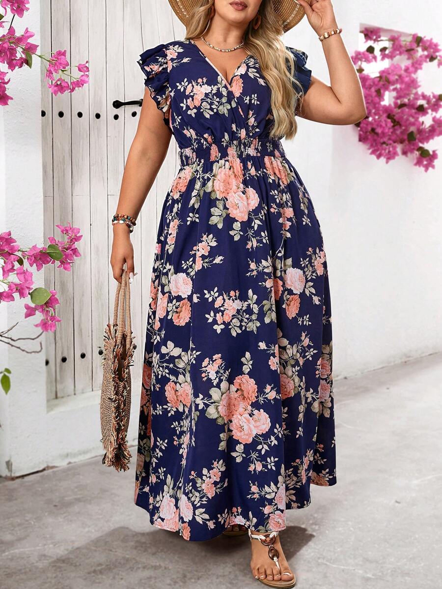 SHEIN VCAY 大码女式蓝宝石花卉印花连衣裙、收腰 A 字裙、褶皱长裙、母亲节连衣裙、女式花卉连衣裙、曲线连衣裙、女式连衣裙、夏季连衣裙、休闲夏季连衣裙