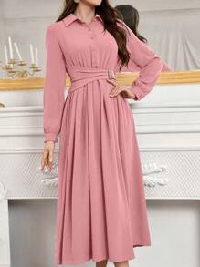 Modelyn Đầm dạ hội dài tay có cổ thắt nút đơn giản phía trước - Hồng - Xem 5