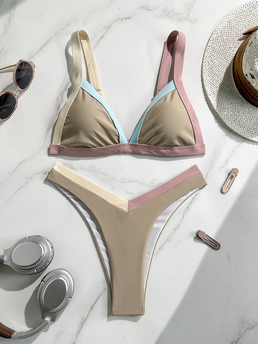 Swim Vcay Contrast Color Splicing Bikini Swimsuit For Beach/Resort For Summer Beach Vacation - Multicolor - View 1