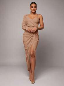 Silquee Women's Elegant Party Solid Color Open Shoulder Long Dress, Asymmetric Neckline, Built-In Bra Cup, Draped Design, High Slit, Suitable For Cocktail Parties, Romantic Dates, Formal Occasions - Khaki - View 6