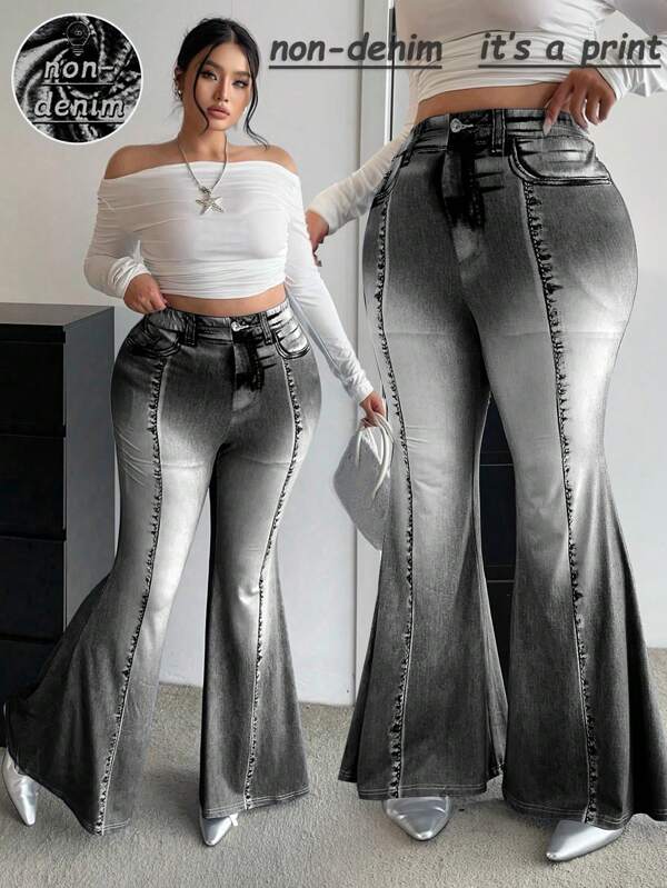 POPSWAY Jeggings de talla grande para mujer con estampado digital de punto y cintura elástica para el verano
