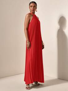 Zivah 春夏休闲度假轻度假日常约会挂脖无袖褶皱A字下摆宽松长裙墨绿色女长裙-A - 紅色 - 查看 4