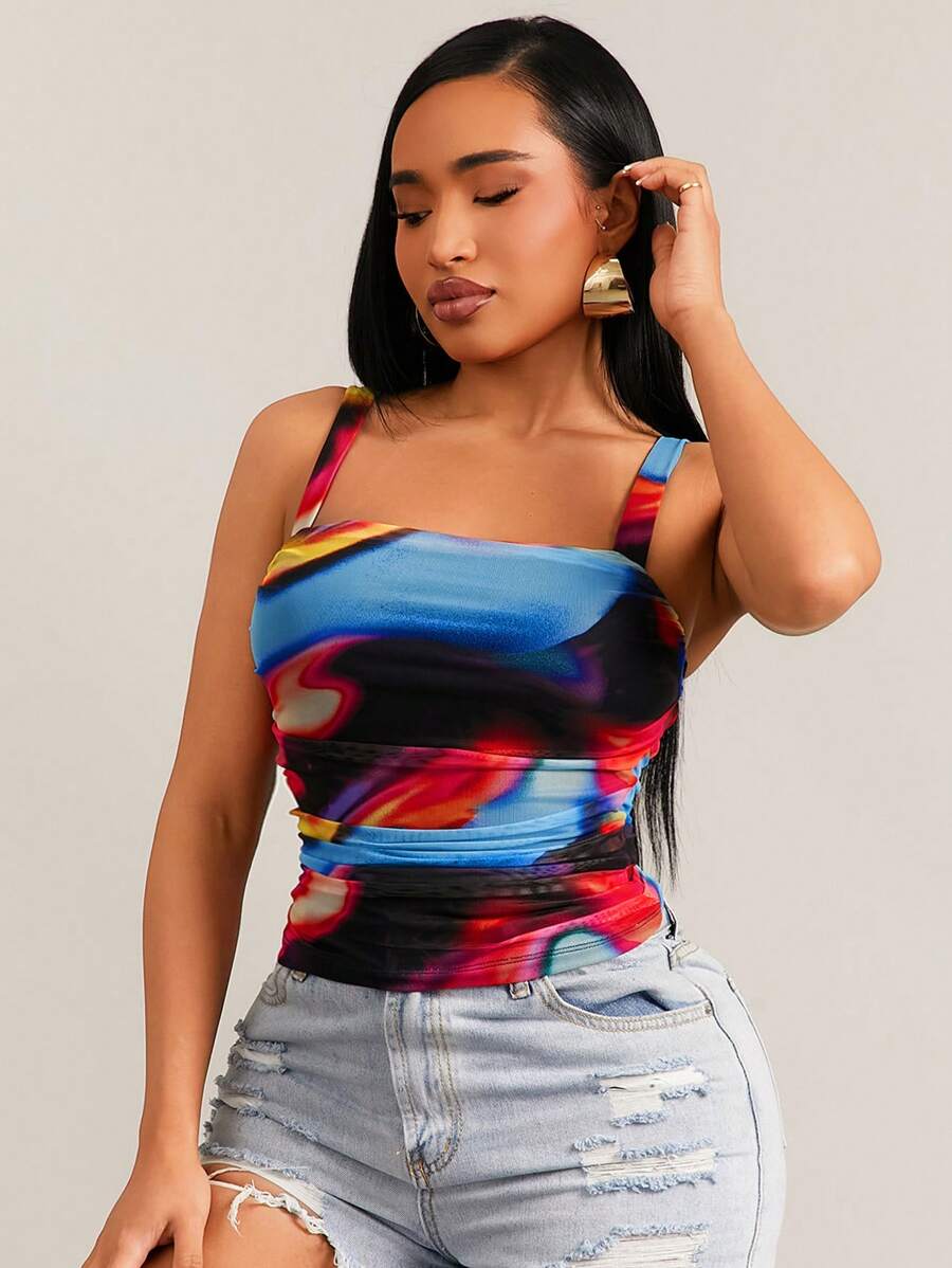SHEIN SXY Women's Early Spring Casual Vacation Beach Outing Vibrant Tie Dye Print Mesh Loose Tank Top - Multicolor - View 1