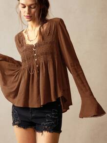 SHEIN BohoFeels 女士度假休闲纯色编织 V 领长袖衬衫 - 棕色 - 查看 6