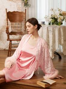 Côtesoire New Chinese Style Faux Rabbit Fur Jacquard Robe & Satin Camisole Night Gown, Elegant Set - Pink - View 8