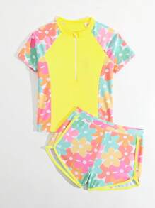 SHEIN Tween Girl Floral Print Raglan Sleeve Crop Top And Shorts Tankini Swimwear Set Young Girl Summer Outfits Young Girls Sets Summer Sets For Tweens Summer Outfit Sets For Teens Summer Cloths For Teens