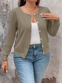 SHEIN LUNE Cárdigan de talla grande de un solo color, versátil y casual - Camel - Ver 6