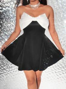 Viva Relle Abito estivo da donna a maniche corte con fiocco, scollo tondo, colore bianco e nero a contrasto, silhuette ad aletta, adatto per vacanze, feste, compleanni, matrimoni, eventi formali, lauree e occasioni speciali.