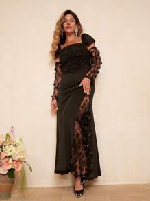 Roveilla Vrouwen Plus Size Elegante Romantische 3D Bloem Off Shoulder Lange Mouw Jurk