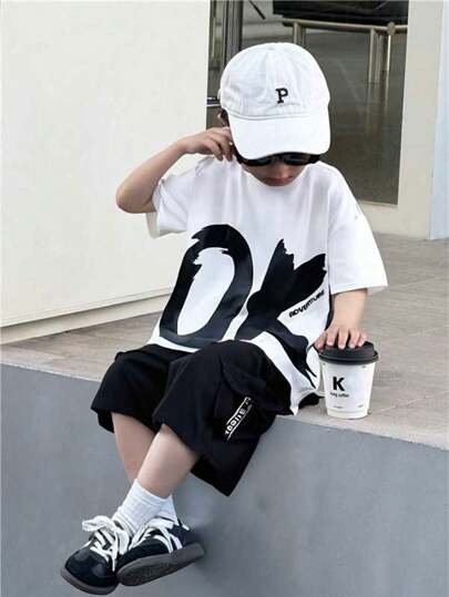2pcs/Set Kids Casual Street Outfit, Letter Print Decorative Pockets Crew Neck Short Sleeve T-Shirt And Shorts Set, Suitable For Back To School, Birthday, Baby Shower, Festival Parties, Spring/Summer, Fleece Thickened