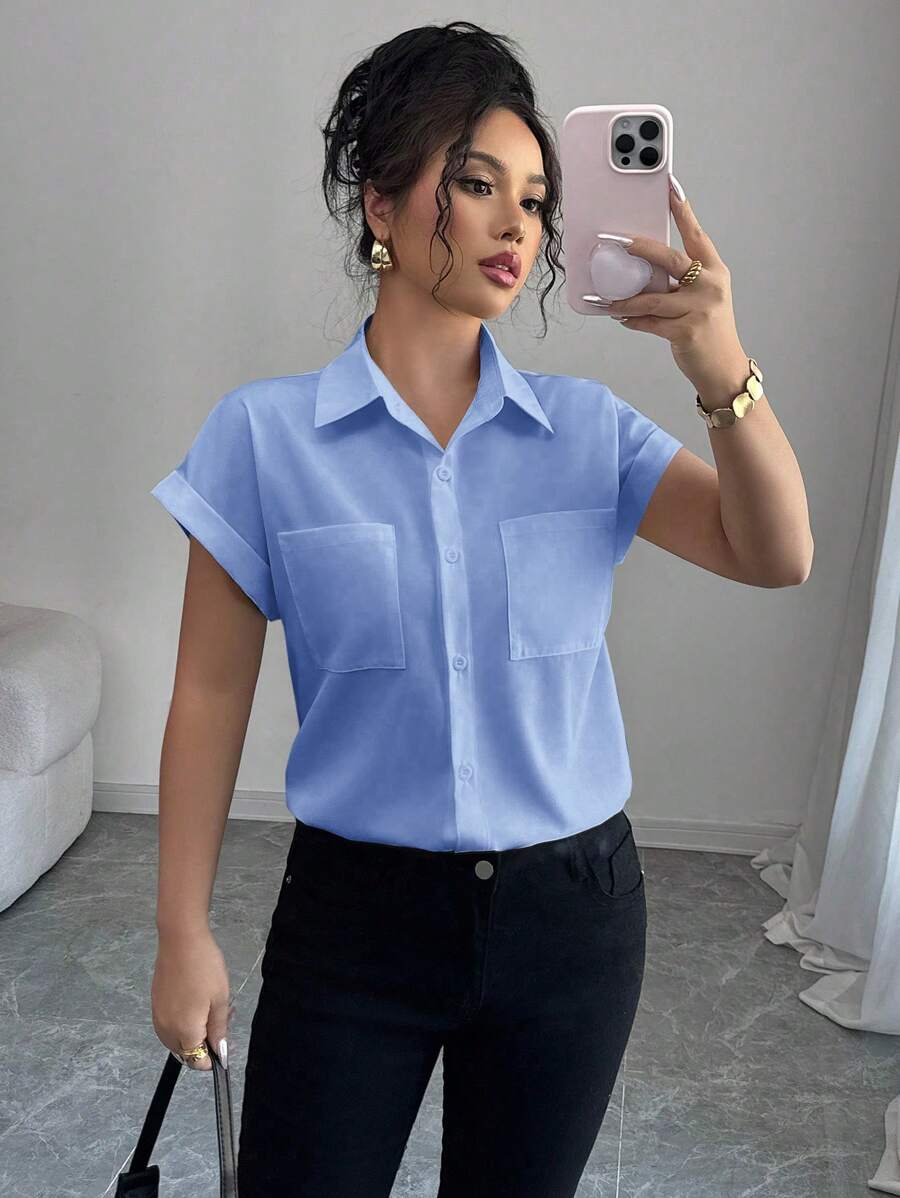 Elenzga 女士蓝色短袖衬衫，简约设计，轻盈宽松复古风无袖上衣 - 藍色 - 查看 1