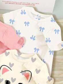 SHEIN Happikins 3-Pack Baby Girls Casual Cute Cat, Mini Heart, Blue Butterfly Print Round Neck Short Sleeve T-Shirts, Suitable For Spring/Summer - Multicolor - View 5