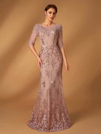 Serin 优雅奢华的亮片网眼刺绣圆领荷叶边中袖修身美人鱼礼服，适合晚会、单身派对、约会、度假、婚礼、新娘和新娘的母亲