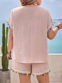 SHEIN LUNE Plus Size Solid Color V-Neck Shirt With Fringed Cuffs & Waist-Cinched Shorts With Fringed Hem, Casual Holiday Music Festival 2 Pieces Set, Spring/Summer