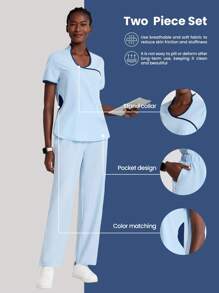 TaskEZ Contrast Color Trim Short Sleeve Top & Pants Nurse Scrub Uniform Set, Scrubs Scrubs For Women Women Clothing 2 Pieces Scrub Sets For Women - Baby Blue - View 1