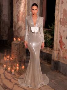 Glamrae Elegant And Gorgeous Silver Sequin Coated Fabric Handmade Three-Dimensional Bow Deep V-Neck Wide Shoulders Long Sleeve Fishtail Dress Tail Suitable For Dating Evening Party Ladies Formal Dinner Dress, Wedding Guest Dress, Gown - Pink - View 4