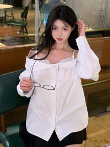 DAZY 女式露肩休闲夏季纯色撞色蕾丝长袖衬衫 - 白色 - 查看 7