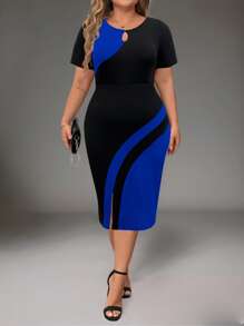 Plus Size Elegant Commuter Colorblock Patchwork Fitted Dress - Multicolor - View 1
