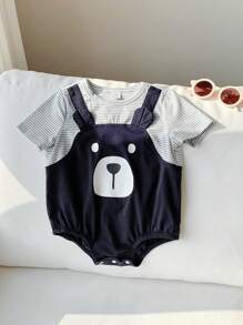SHEIN Tutina casual sportiva e carina per bambini e bambine, in maglia larga a righe e patchwork, adatta per primavera ed estate, da indossare dentro e fuori casa