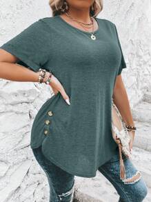 SHEIN Clasi Plus Size Vegetable Market Print Round Neck T-Shirt, Minimalist Fashion Style Suitable For Summer - Olive Green - View 5