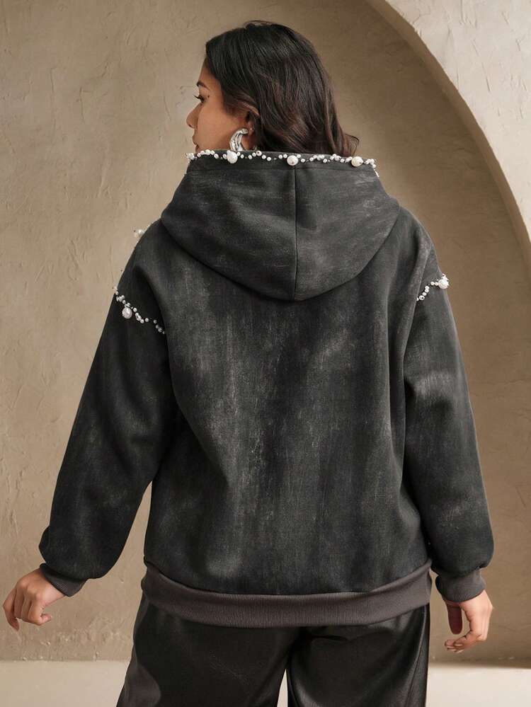 Sweat-shirt à capuche zippé pour femmes grandes tailles, style vintage, délavé, avec décorations de perles. Idéal pour la remise des diplômes, les enseignantes, la rentrée scolaire, l'hiver, l'automne