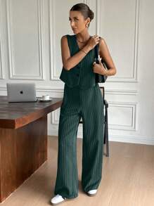 Siren Gaze 2pcs Casual Commuter Striped Vest And Pants Set Summer Green Christmas - Green - View 6