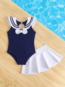 SHEIN Conjunto de traje de baño y falda a juego con cuello de marinero a rayas para bebé niña