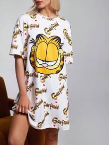 GARFIELD | SHEIN Váy ngủ cổ tròn tay ngắn in chữ và mèo dễ thương cho nữ mùa hè, áo phông in hình mèo dễ thương - Màu vàng - Xem 3