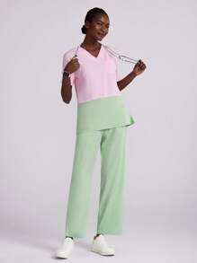 TaskEZ Women Summer Contrast V-Neck Short Sleeve Scrub Sets,Rennaissance,Workwear Nurse Doctor Uniform Top & Straight Leg Pants With Belt Waist Pockets - Pink - View 3