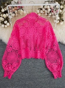 Franclia 女士秋季花卉蕾丝镂空拉链前长袖衬衫女士衬衫 - 玫紅色 - 查看 2