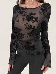 Aloruh 女式黑色植绒船领喇叭袖性感透明上衣 - 黑色 - 查看 5