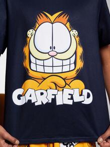 GARFIELD | SHEIN Tween Boy Cartoon Cat Print Casual Short Sleeve T-Shirt & Yellow Shorts 2pcs Set - Multicolor - View 7