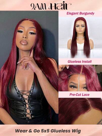 暗紅寶石酒紅色party假髮,wear & Go 5x5預剪裁蕾絲無膠直鬆綁關閉假髮,搭配透氣帽可用於日常生活