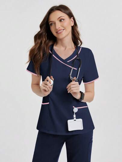 SHEIN TaskFit V 领口袋短袖手术服制服上衣