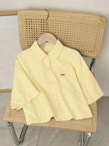 Elamini 女士蓝色条纹蝴蝶结刺绣落肩短款衬衫 - 黃色 - 查看 3