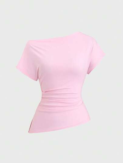 Sweetra 女士加大码不对称褶皱休闲短袖 T 恤