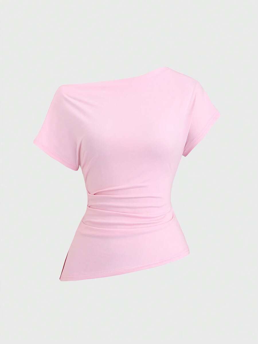 Sweetra Women Plus Size Asymmetric Ruched Casual Short Sleeve T-Shirt - Pink - View 1