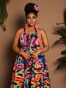 Maweii Plus Size Women Holiday Floral Print A-Line Dress With Spaghetti Straps - Multicolor - View 3