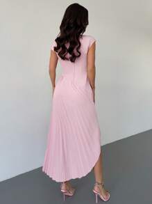 Firerie Abito lungo con arricciature, colletto alla coreana senza maniche, vita con patchwork, orlo arricciato, colore rosa, nuovo stile per San Valentino