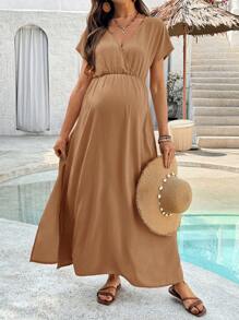 SHEIN Váy xẻ tà tay cánh dơi màu trơn giản dị mùa hè cho bà bầu - Cà phê - Xem 5