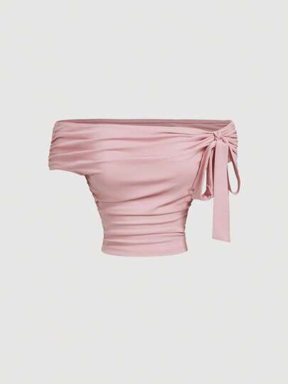 SHEIN MOD Áo thun hở vai nhún bèo màu hồng có nơ trang trí, thích hợp cho các buổi hẹn hò, tiệc tùng, phong cách nữ tính, bữa sáng muộn, năm mới cho phụ nữ, kỳ nghỉ cho phụ nữ, trang phục phương Tây cho phụ nữ, bãi biển cho phụ nữ, trang phục công sở cho phụ nữ, ngày lễ tình nhân