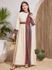 SHEIN Teen Girls' Apricot Stand Collar Elegant Long Dress,Geometric Print Flare Sleeve Midi Dress,Beige,Autumn,Casual,Matching,Family Vacation,Graduation - Apricot - View 6