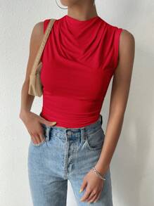 SHEIN Privé 夏季休闲纯色褶饰贴身吊带背心 - 紅色 - 查看 5