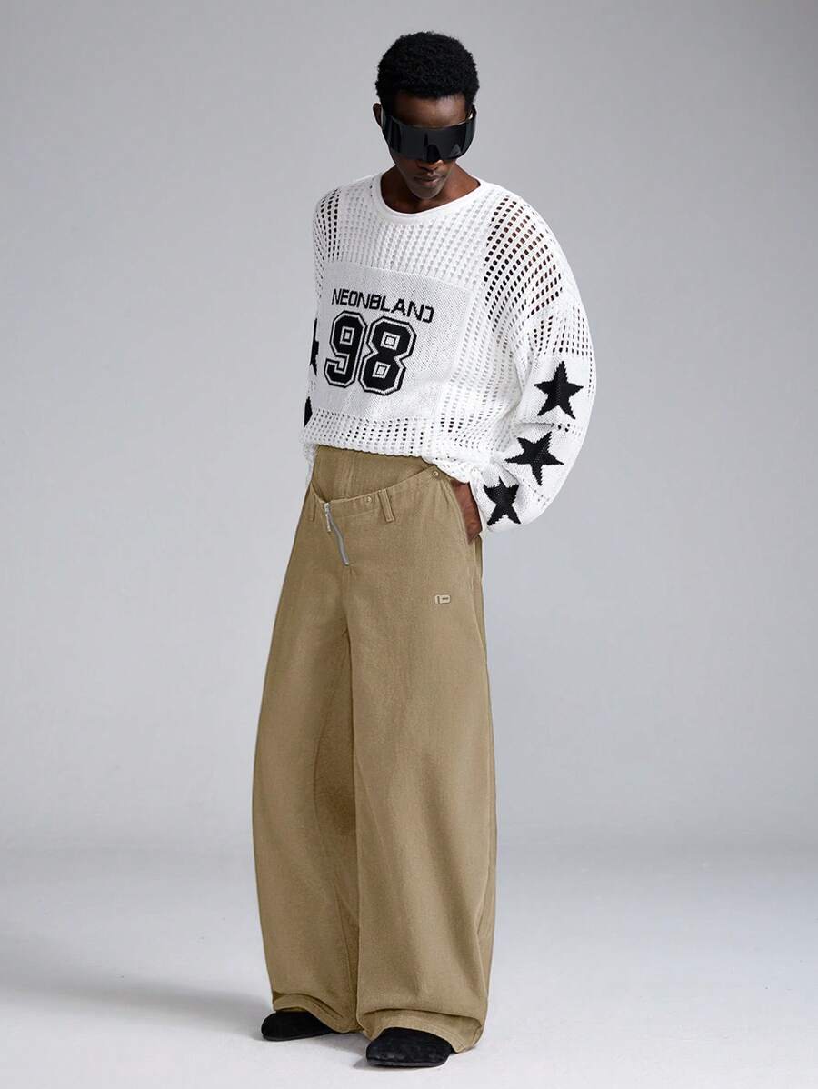 NEON BLANC Men's Streetwear Embroidery Loose Woven Wide Leg Long Pants, Pure Cotton - Camel - View 1