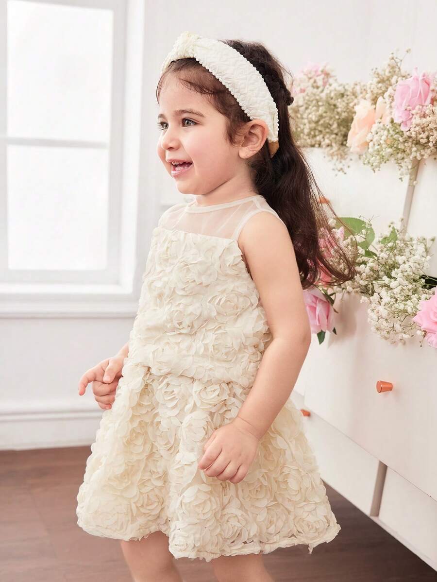 SHEIN 可爱优雅杏色花朵网眼吊带背心和松紧腰裙两件套，适合女婴