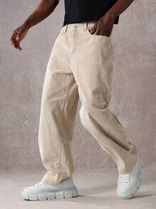 SUMWON Pantalones de pana estilo patinador de pierna ancha, estilo retro para otoño e invierno, casual y relajado, uso diario, moda vintage, textura de canalé de algodón